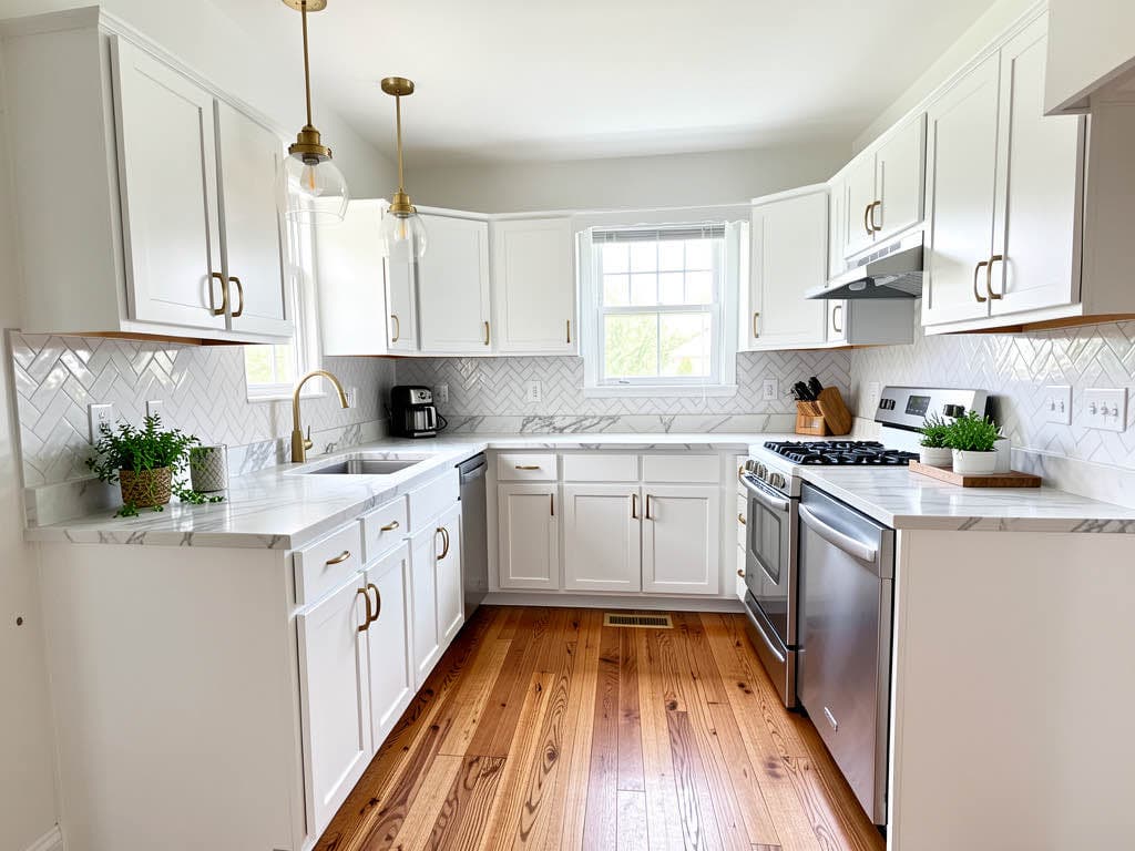The same kitchen transformed by AI Designer with white shaker cabinets, brass hardware, marble counters and herringbone backsplash.